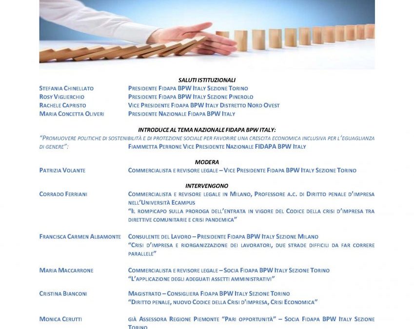 WEBINAR – CRISI D’IMPRESA PUNTI DI FORZA E CRITICITA’ DELLA RIFORMA FALLIMENTARE – Sezioni di Torino, Pinerolo e Milano